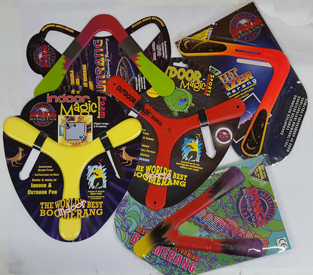 A set of five plastic boomerangs - both indoor and outdoor