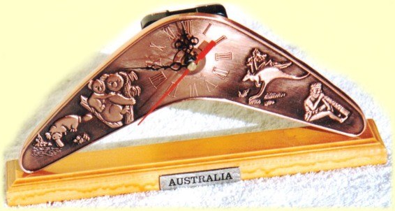 Boomerang shaped desk clocks with Australian motif