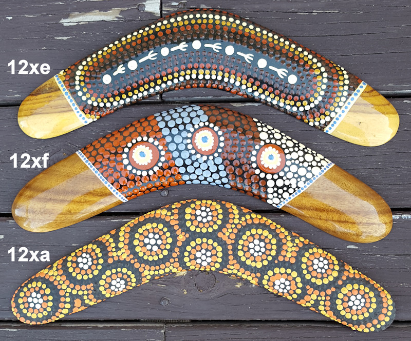 12 inch (30cm) dot art boomerangs. 12xe and 12xf are semi-glossed, 12xa - matte finishing